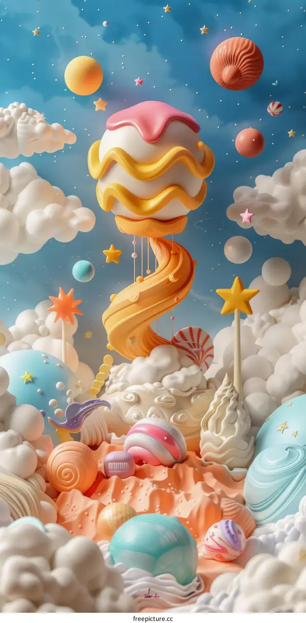Whimsical 3D illustration of a surreal landscape with candy-coated mountains and a starry sky