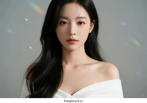 A Young Woman with Long Black Hair Wearing White Off-Shoulder Dress