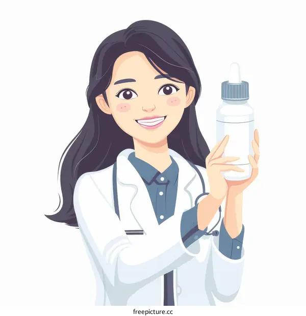 A female doctor in a lab coat is holding a bottle of medicine
