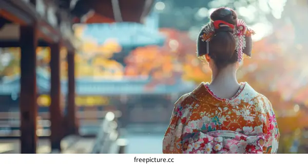 A woman wearing a kimono is walking in a traditional Japanese garden