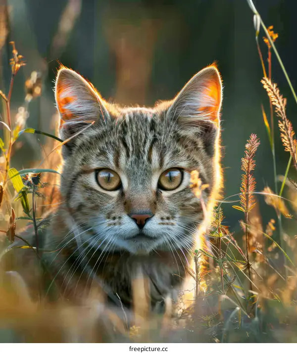 A cat is hiding in the tall grass and looking at the camera