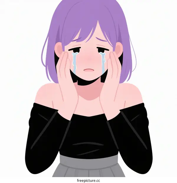 A Young Purple-haired Girl Crying with Hands on Face