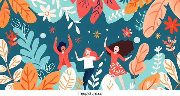 Three Women Celebrating With Flowers and Leaves Illustration