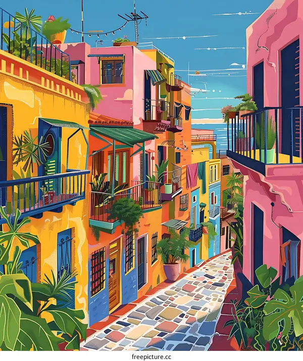 Colorful Buildings with Balconies in a Narrow Street