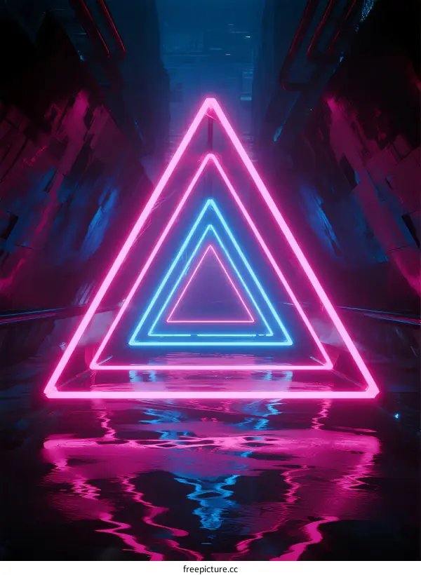 Neon Triangle Shapes Reflecting in Water with Glowing Edges
