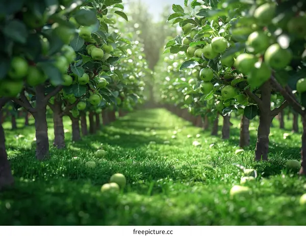 A lush green apple orchard with ripe apples hanging from the branches