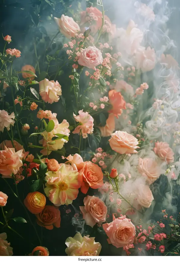Close-up of a variety of colorful roses in full bloom with a dark background