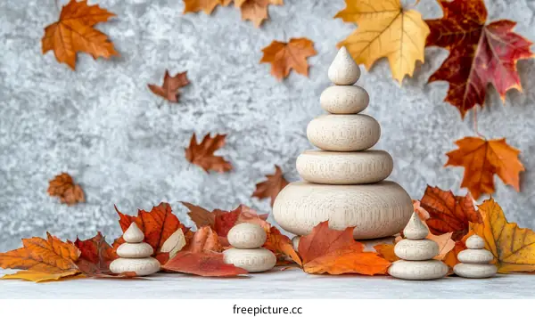 Autumnal Wooden Stacking Stones and Leaves