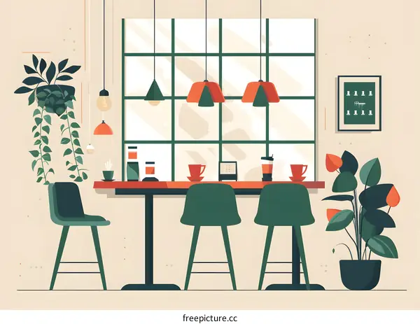 Modern Cafe Interior Design with Plants and Window