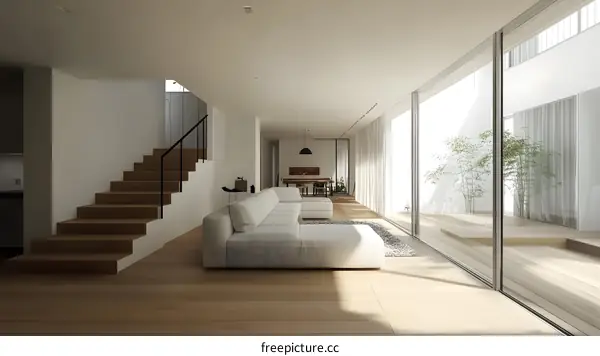 Minimalist Modern Living Room Interior Design with Wooden Stairs and Patio