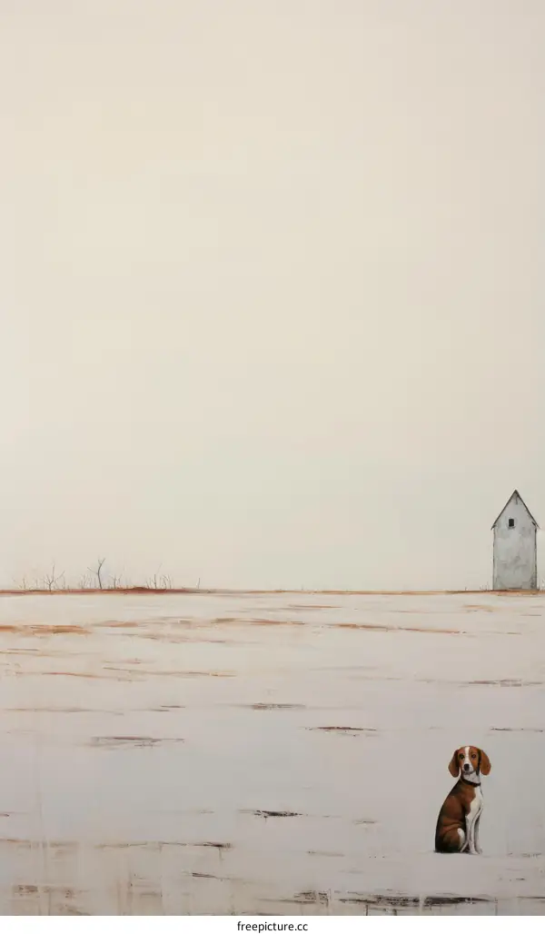 Dog Sits in Front of a House in a Snowy Field