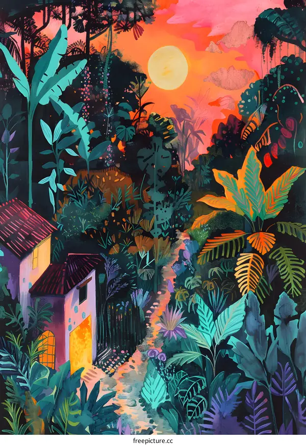 Tropical Sunset with Houses and Path