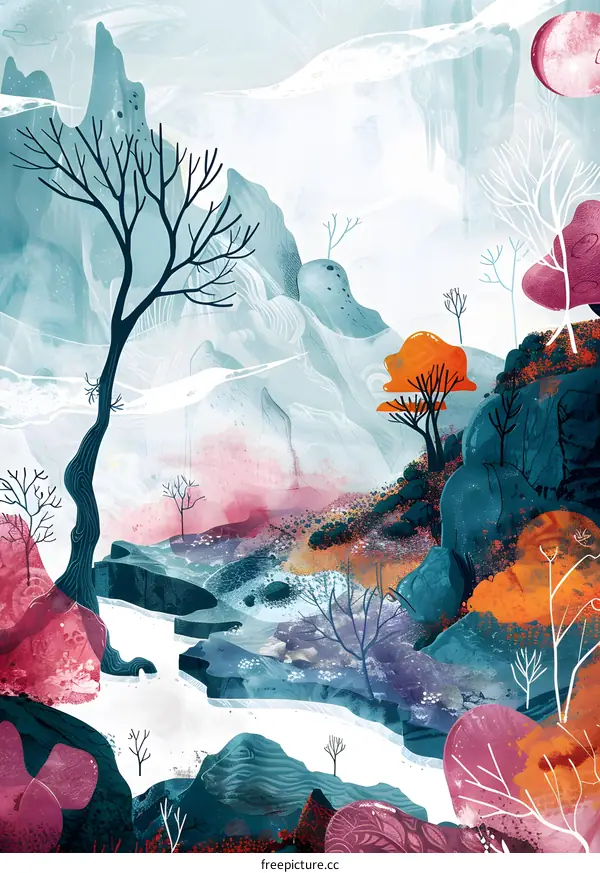 Watercolor Landscape With Mountains And Trees