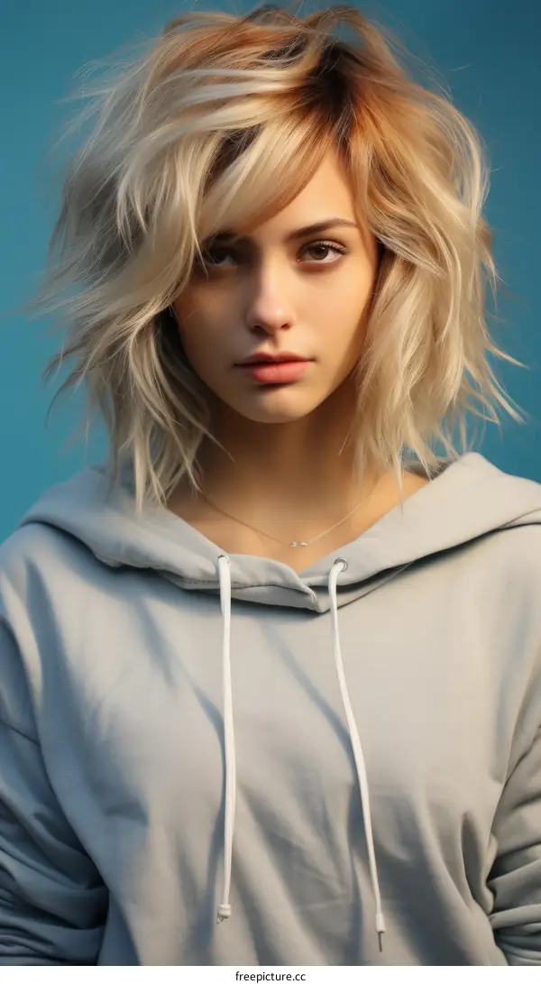 Portrait of a young blonde woman with short hair wearing a gray hoodie