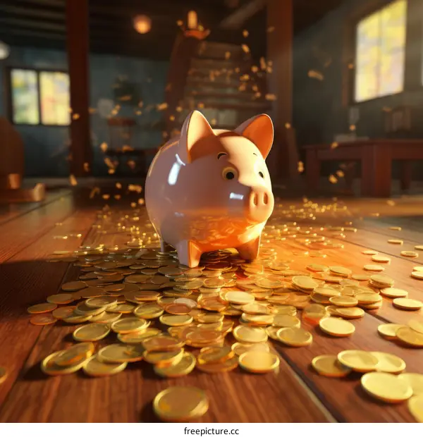 A Pink Piggy Bank Filled with Gold Coins