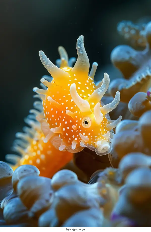 Underwater close up of a yellow and white hairy seahorse