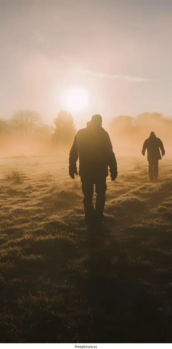 Two People Silhouettes Walking in a Foggy Field at Sunset