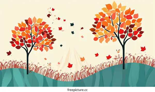 Autumn Landscape With Two Trees And Falling Leaves