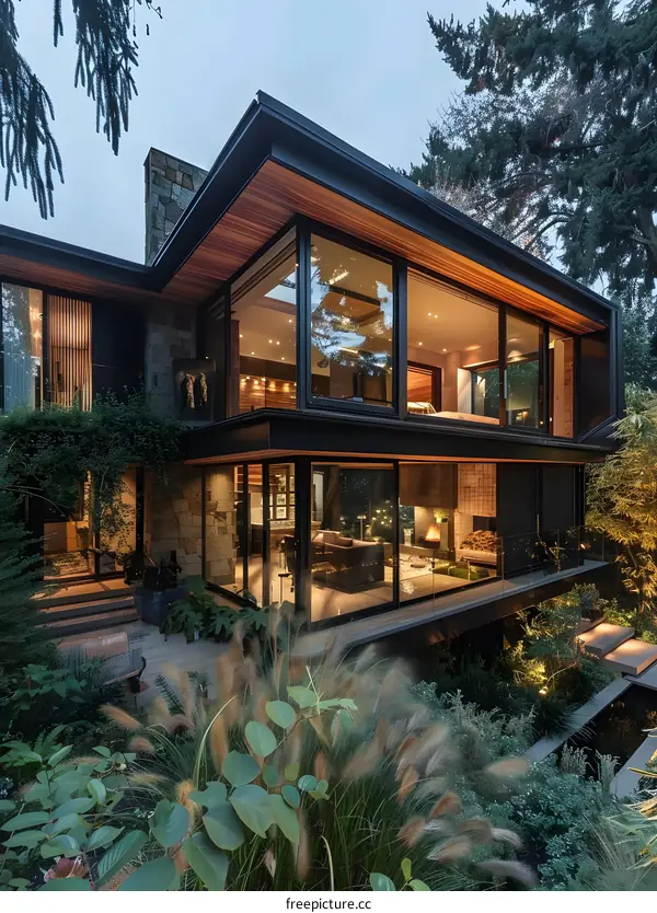 Modern Home with Large Windows and Lush Greenery