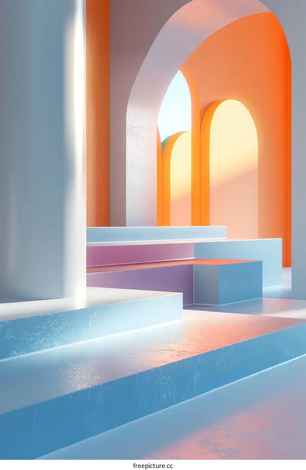 Surreal Architectural Space with Arches and Podium