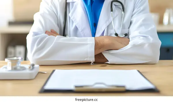 Doctor Sitting at Desk with Stethoscope and Clipboard