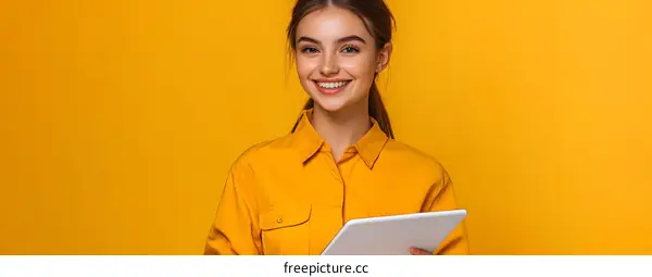 Smiling Woman Holding Tablet Against Yellow Background