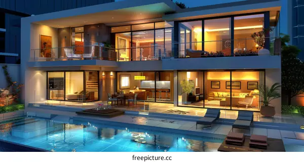 Luxury Modern House with Pool at Night