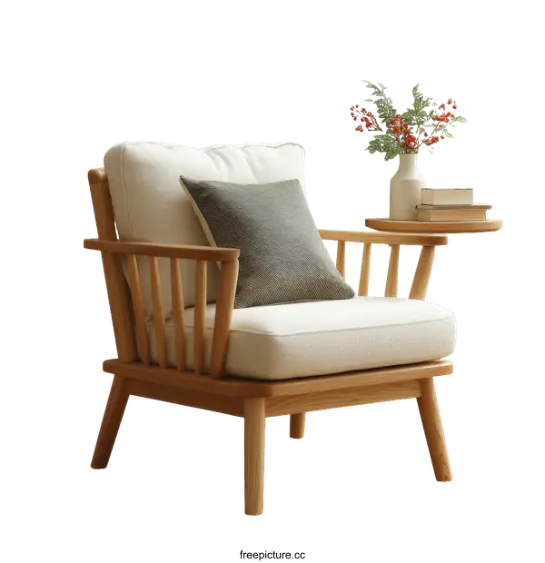 [Transparent Background PNG]Modern Wooden Armchair with Side Table