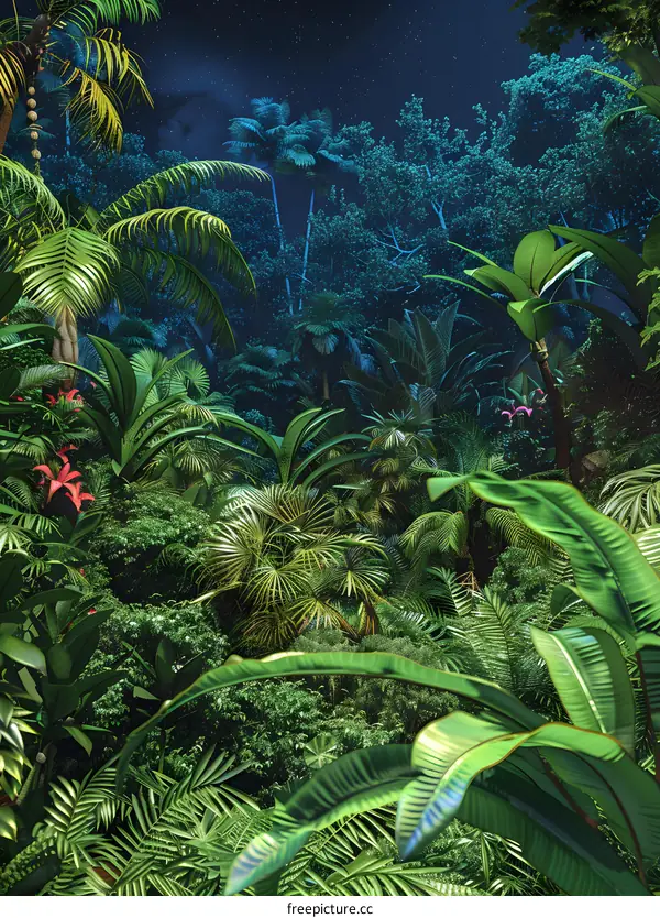 Tropical Rainforest Night Scene with Lush Greenery and Stars