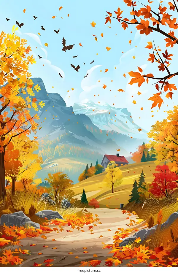 Autumn Landscape with Cabin and Falling Leaves