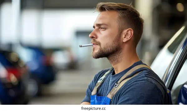 Man Smoking Cigarette in a Garage