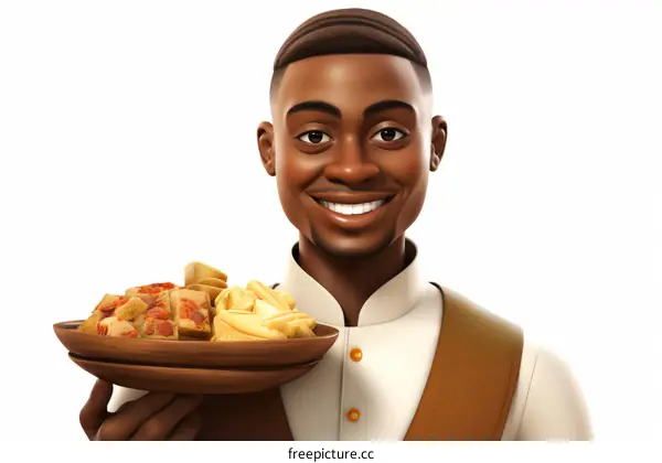Smiling Black Chef Holding Plate with Delicious Meal