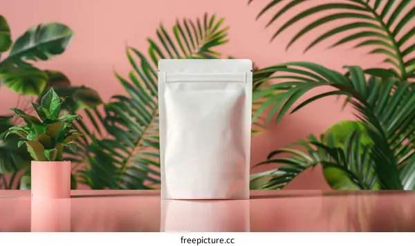 Blank white food or drink pouch with green leaves