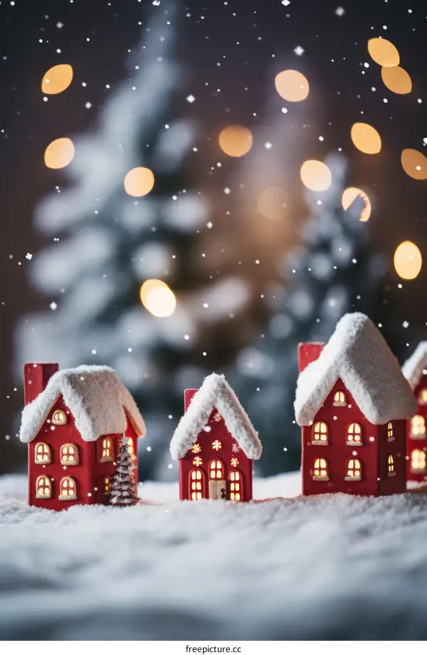 Three red wooden houses in the snow with a snowy pine tree and blurred lights in the background