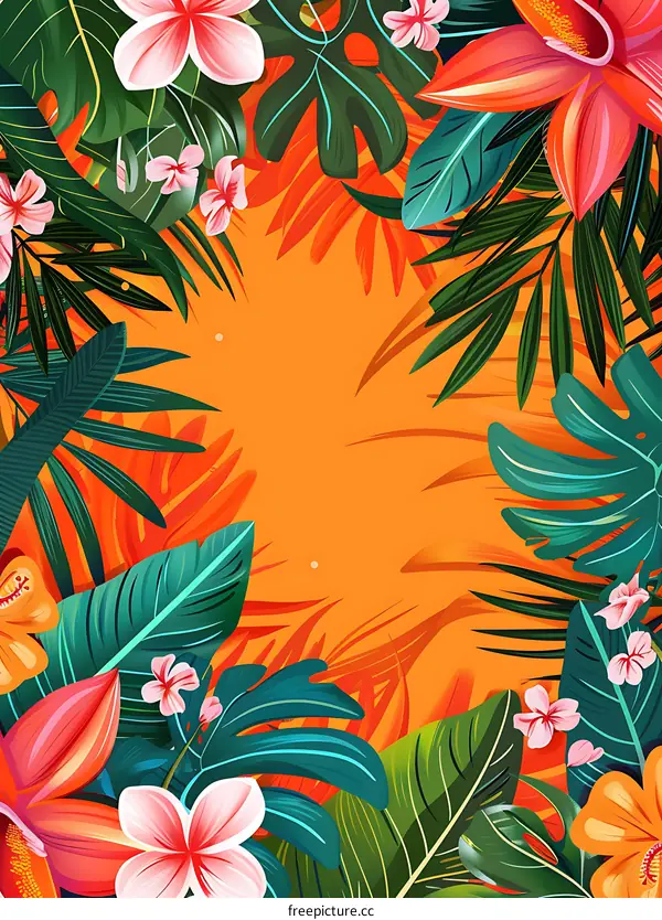 Tropical Leaves and Flowers Background Illustration