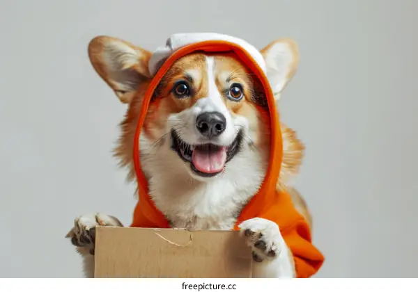 Happy Dog in Orange Hoodie Holding Cardboard Sign