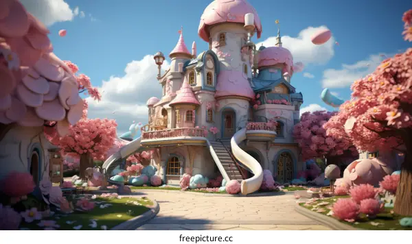 A pink and blue candy land with a castle, trees, and flowers