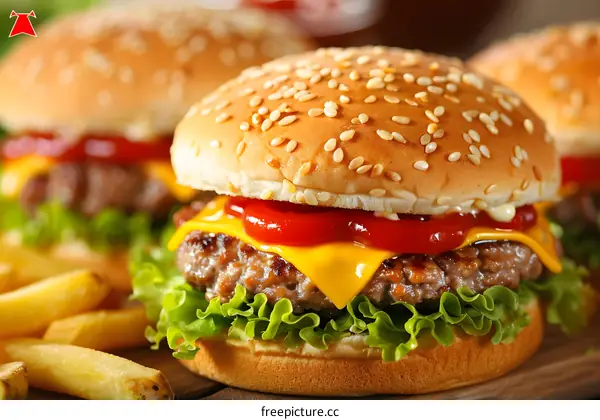 Delicious cheeseburgers with lettuce tomato and fries