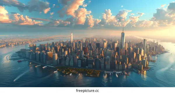 Aerial view of Manhattan skyline at sunset