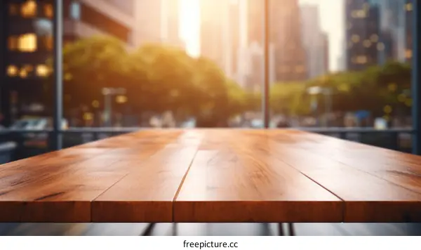Empty Wooden Table in Office Room with Defocused City Background