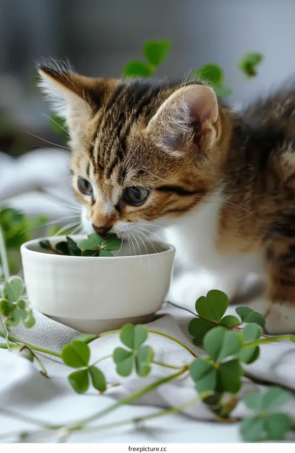 A cute tabby kitten eating a four-leaf clover.