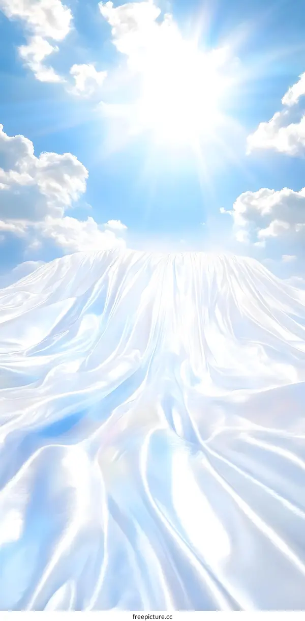 White Fabric Draped Under Blue Sky with Bright Sun