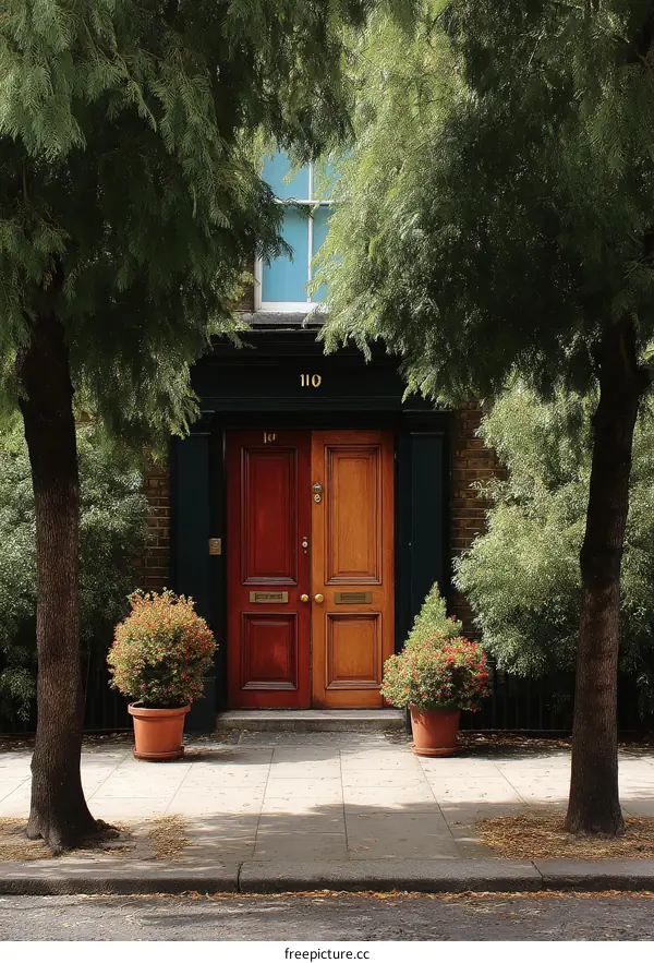 Elegant Wooden Front Door of a Historic House with Lush Trees