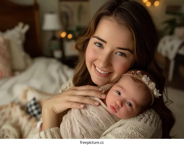 A mother is smiling at her newborn baby.