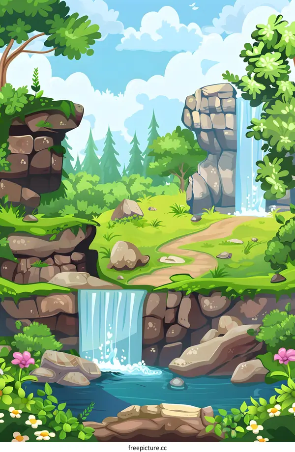Cartoon Illustration of a Lush Forest Landscape with Two Waterfalls