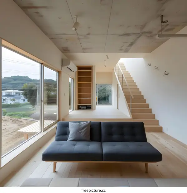 Modern Minimalist Living Room with Wooden Floor and Stairs