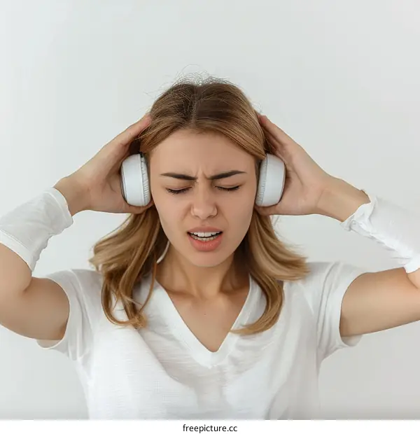 Frustrated young woman covering her ears with headphones