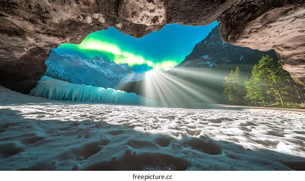 Aurora Borealis View From Inside Cave In Winter