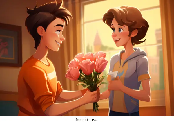 Young Man Giving a Bouquet of Pink Roses to a Young Woman