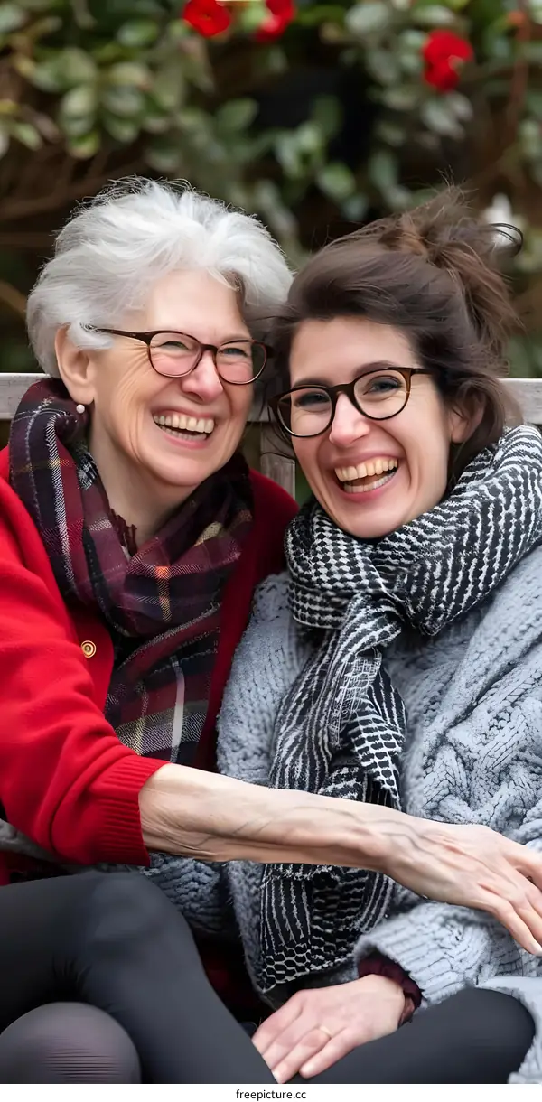 Two Happy Women Sitting on a Bench and Smiling at the Camera